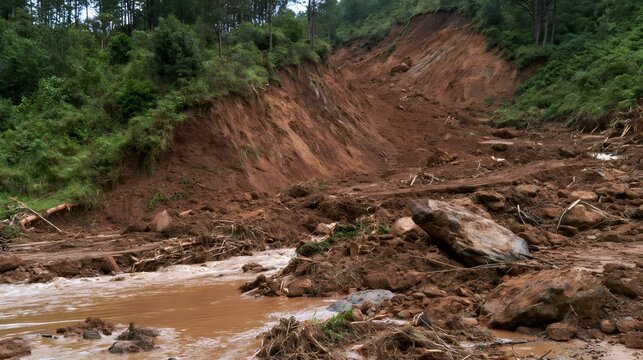 Landslide causing severe erosion and environmental damage