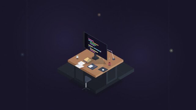 Isometric 3d animation of modern software developer workspace with computer screen running code in dark room