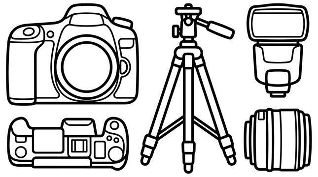 Outline vector illustration of a DSLR camera, lens, tripod, and flash on a white background