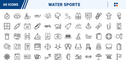 Fototapeta premium Banana boat ride line icon set. Vector pictograms of water sports, beach recreation, ocean towing, and summer activity elements, thin linear illustration.