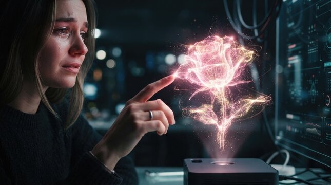 Crying young woman touching glowing holographic rose projection inside dark futuristic computer science laboratory setting with lit technological environment touch shimmering holographic development