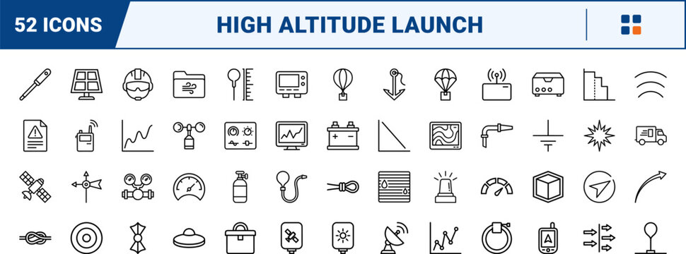 Atmospheric research weather balloon launch line icon set. Vector pictograms of radiosonde, high, altitude, and meteorological elements, thin linear illustration.
