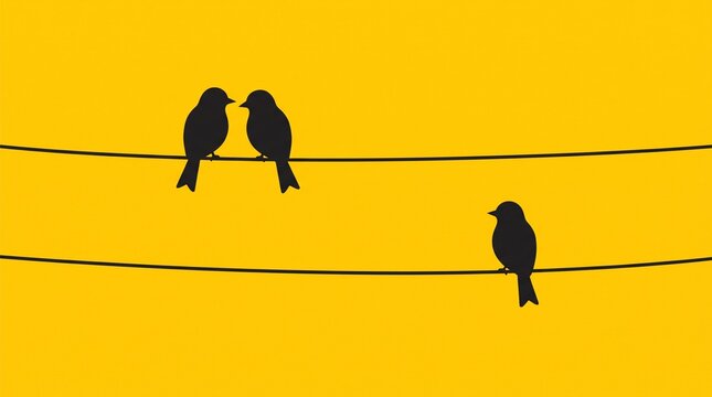 Silhouette Birds on Wire Concept for Love, Jealousy, and Exclusion on Yellow Background