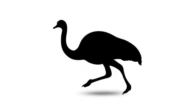 Ostrich silhouette in running pose suspended above a shadow on white background