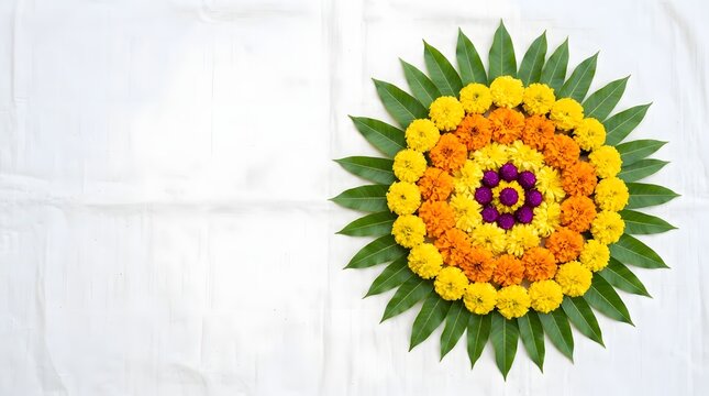 Beautiful floral rangoli design with marigold flowers and green mango leaves isolated on white background