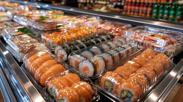 Sushi rolls and nigiri in plastic containers