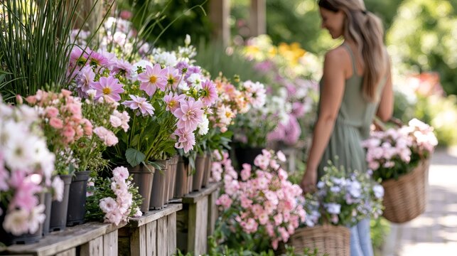 Woman buying potted flowers at outdoor garden shop