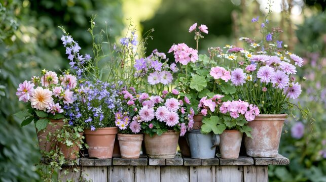 Colorful potted flowers decorating an outdoor summer garden
