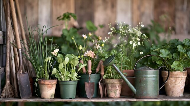 Gardening tools and potted plants creating a rustic display