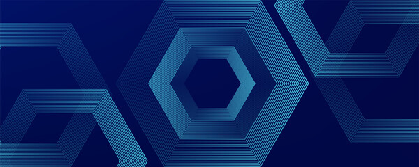 Fototapeta premium Dark blue background with hexagon geometric lines pattern. Abstract shiny hexagon lines. Futuristic technology concept