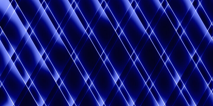 Abstract dark blue background featuring a crisscross grid pattern of glowing diagonal lines and diamonds. Hand crafted digital abstract background.
