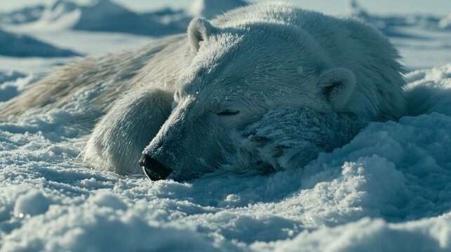 Polar bear resting on the arctic snow and ice field during a cold winter day