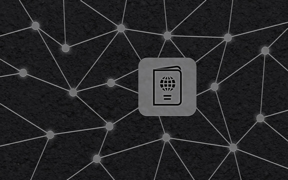 Konzeptionelle Darstellung eines digitalen Reisepasses auf einer dunklen Textur mit verbundenen Knotenpunkten, die globale Mobilit&auml;t, weltweite Vernetzung und internationale Identit&auml;t symbolisieren.