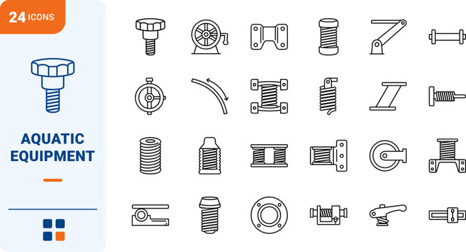 Diving board spring line icon set. Vector pictograms of pool, aquatic, diving, and equipment elements, thin linear illustration.