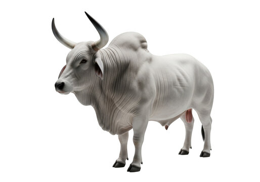 Majestic white Nelore bull with large horns. Powerful Brahman cattle on white background. Muscular zebu livestock for ranching and agriculture.