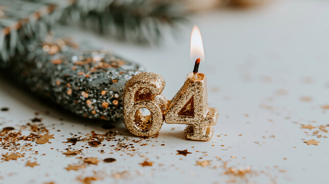 Number sixty four birthday candle burning with gold glitter and festive