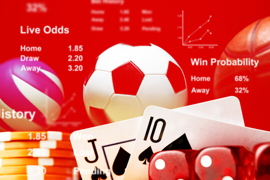 Sport betting setup with cards, dice, and odds chart in a colorful display