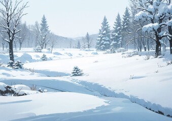 Fototapeta premium Serene winter landscape: A snowy golf course with bare trees