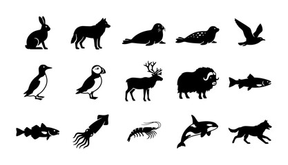 Obraz premium Arctic Wildlife Icons Set, Polar Animals Vector Collection, Cold Climate Fauna Silhouettes