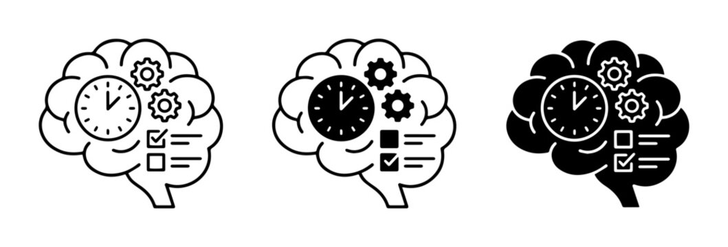 Brain Icons Set: Time Management, Productivity, Planning, Gears, Clock, Checklist