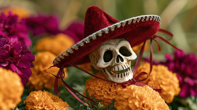 Marigolds and a skull with a sombrero decorate a grave during the Day of the Dead celebration