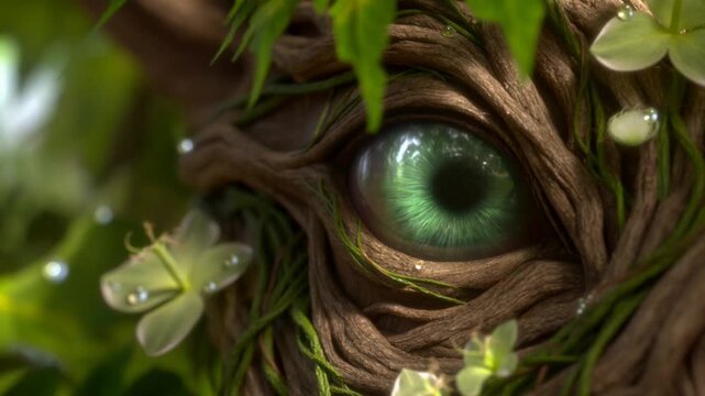 Green eye embedded in twisted tree bark surrounded by moss, leaves, and flowers