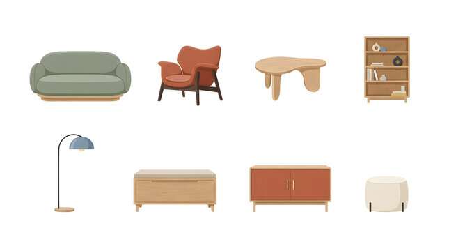 Flat vector set of modern living room furniture items, including a sofa, an armchair, a coffee table, a bookshelf, a floor lamp, an storage bench, a cabinet, and an ottoman, isolated on white backgrou