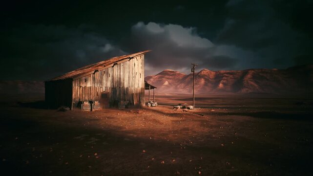 weathered shack by desert plateau, warm golden twilight backlight and looming storm clouds, rusted corrugated walls and lone fence posts, scattered debris