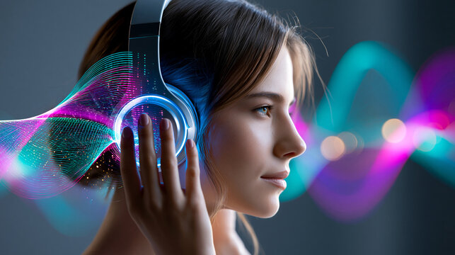 Young woman listening to headphones beneath a colorful digital sound-wave mesh, music streaming, immersive audio, digital entertainment, playlist promotion, audio technology,