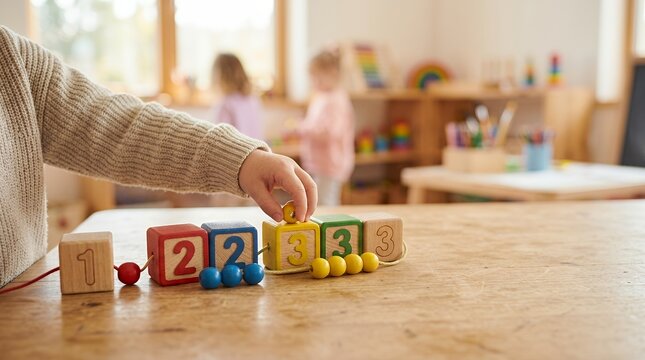 A young child playing with colorful wooden number blocks in a bright preschool classroom.