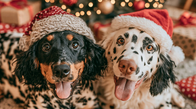 Two cute dogs wearing santa claus hats celebrating christmas with spaniel mix