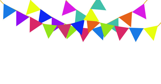 Colorful Party Bunting Garland Vector Background with Triangle Flags Hanging on Rope Isolated on White, Copy Space Banner
