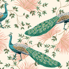 Naklejka premium Peacock, palm leaves floral seamless pattern light background. Floral chinoiserie wallpaper.