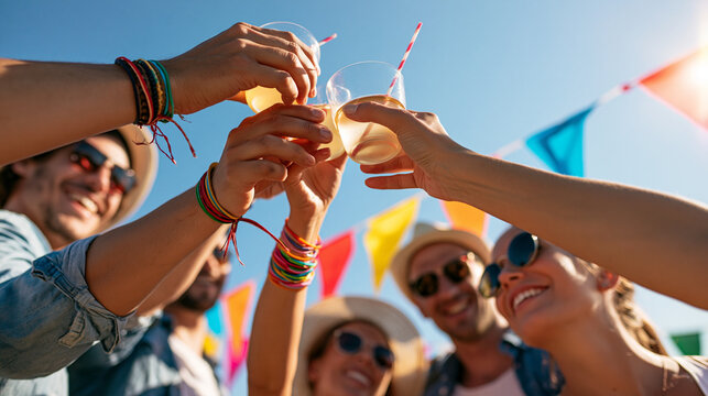 Diverse group of friends raising glasses during an outdoor summer celebration beneath colorful bunting, community gathering, festive atmosphere, hospitality, social event, summer