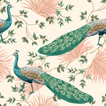 Peacock, palm leaves floral seamless pattern light background. Floral chinoiserie wallpaper.
