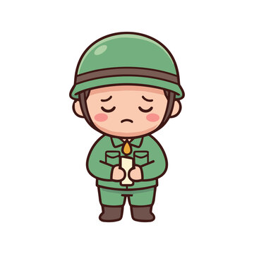 Cute chibi soldier in green uniform mourning with a lit candle