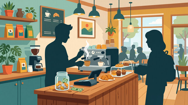 Cozy Coffee Shop Illustration with Barista Serving Customer at the Counter