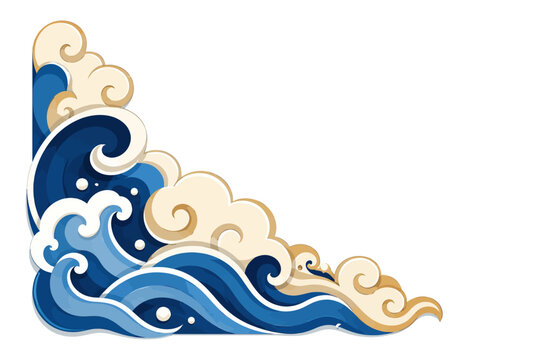 Blue Ocean Wave and Cloud Corner Decoration Flat Vector Asian Inspired Ornament Isolated on White Background