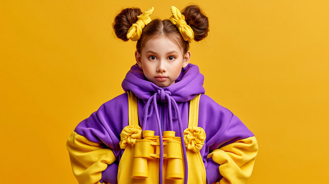 Adorable young girl wearing a purple hoodie and yellow overalls holding