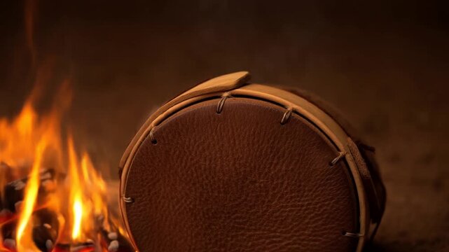 Handcrafted leather drum beside a glowing fire in a dark rustic setting