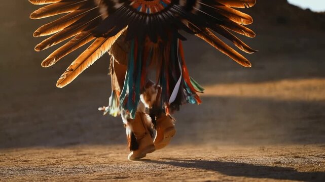 Featheradorned moccasin resting on sunlit desert ground with ornate tassels