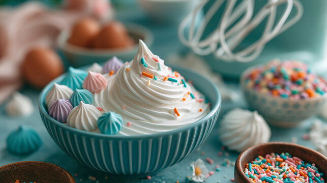 Swirled white whipped cream in a blue bowl with colorful meringue kisses