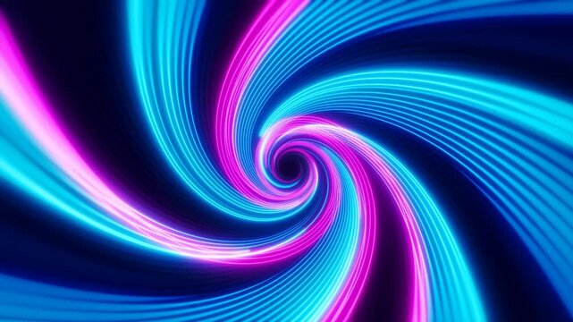 Abstract neon light spiral pattern with blue and magenta curved lines on dark background