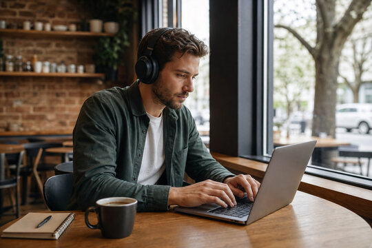 Freelance Professional Working with Headphones and a Laptop beside a Window in a Quiet Independent Neighborhood Cafe during the Morning