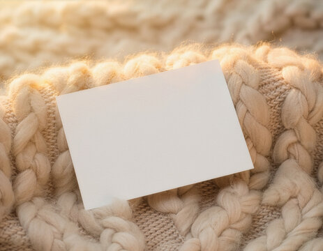 Blank business card mockup template on chunky knit fabric