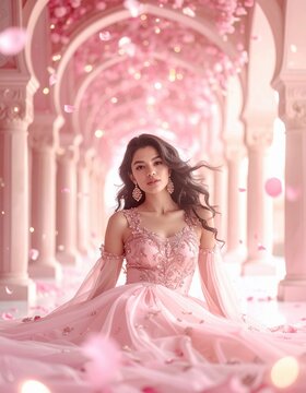 Beautiful Indian woman in elegant pink traditional dress under palace archway
