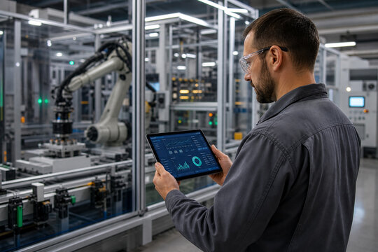 Industrial Engineer Using Artificial Intelligence Predictive Maintenance Analytics beside an Automated Robotic Production Line in a Smart Factory