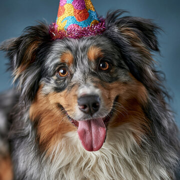 Cute australian shepherd dog wearing a colorful party hat celebrating