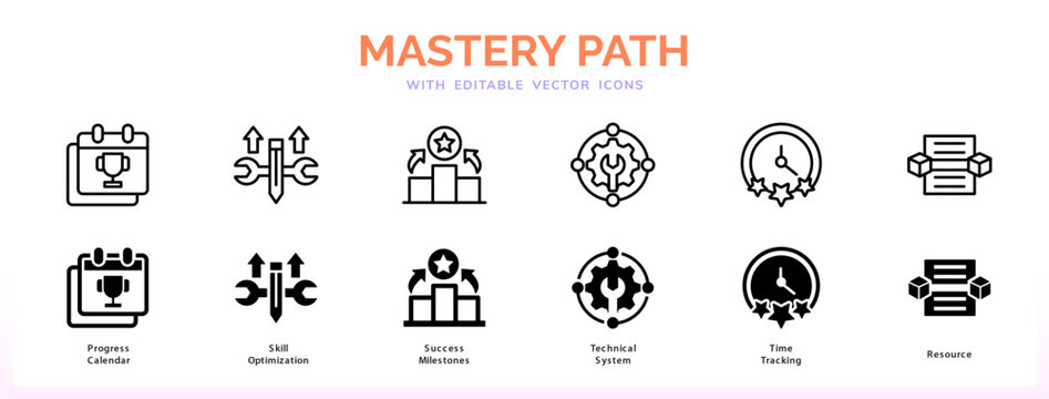 Mastery Path editable soild icon set. Progress Calendar, skill optimization, skill development, proficiency, assessment, concept line icon. Vector flat icon collection