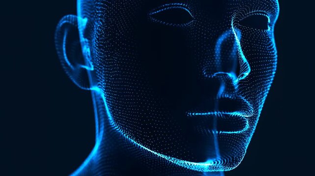 Digital human face in profile rendered with glowing blue dots against dark background